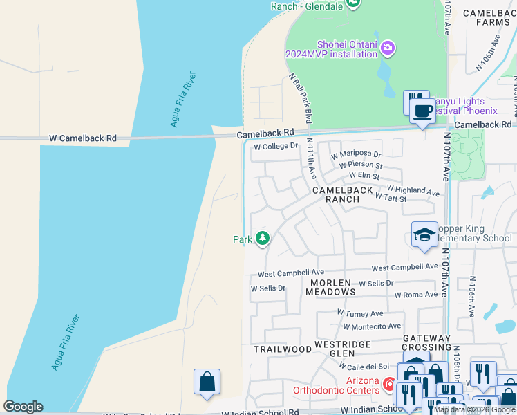 map of restaurants, bars, coffee shops, grocery stores, and more near 11325 West Elm Street in Phoenix