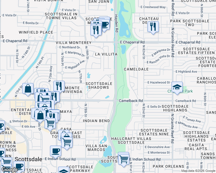 map of restaurants, bars, coffee shops, grocery stores, and more near 7930 East Camelback Road in Scottsdale