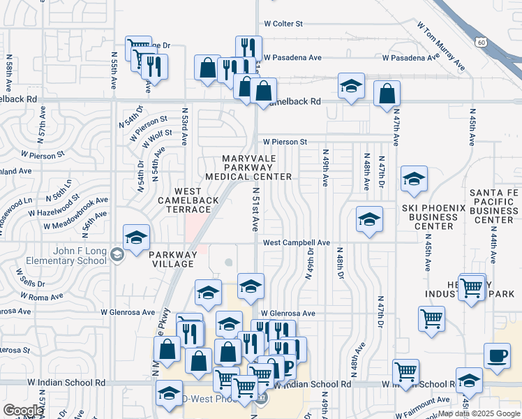 map of restaurants, bars, coffee shops, grocery stores, and more near 4547 North 51st Avenue in Phoenix