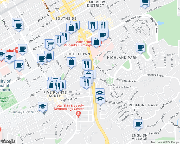 map of restaurants, bars, coffee shops, grocery stores, and more near 2321 10th Avenue South in Birmingham