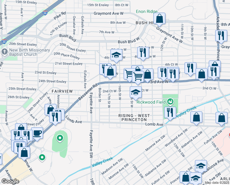 map of restaurants, bars, coffee shops, grocery stores, and more near 1611 2nd Court West in Birmingham