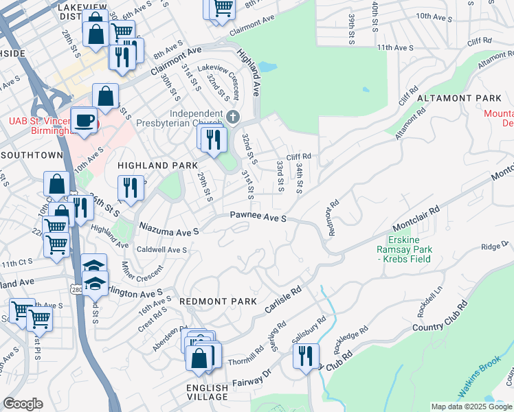 map of restaurants, bars, coffee shops, grocery stores, and more near 1327 31st Street South in Birmingham