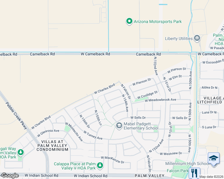 map of restaurants, bars, coffee shops, grocery stores, and more near 15444 West Coolidge Street in Goodyear