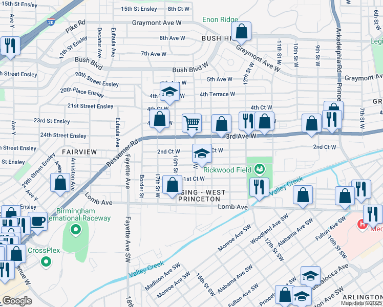 map of restaurants, bars, coffee shops, grocery stores, and more near 1501 2nd Court West in Birmingham