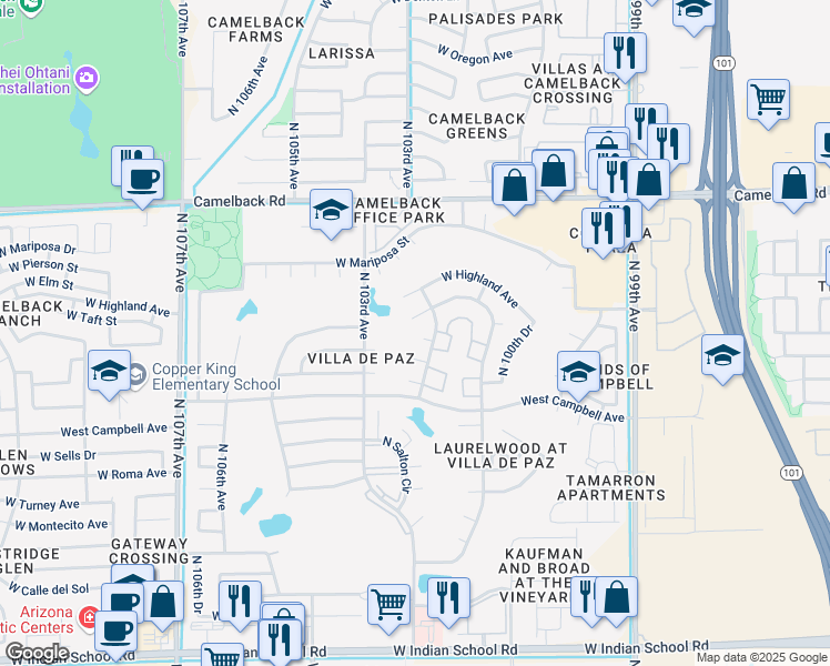 map of restaurants, bars, coffee shops, grocery stores, and more near 10216 West Coolidge Street in Phoenix