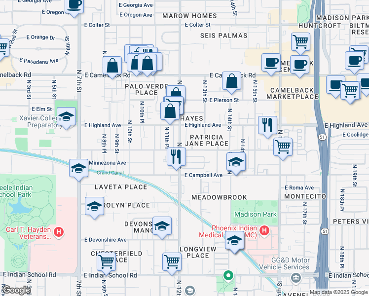 map of restaurants, bars, coffee shops, grocery stores, and more near 4601 North 12th Street in Phoenix