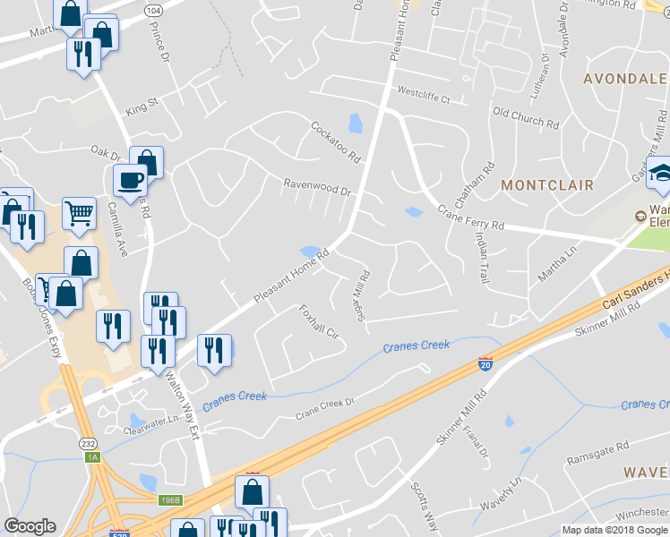 map of restaurants, bars, coffee shops, grocery stores, and more near 2317 Creekview Drive in Augusta