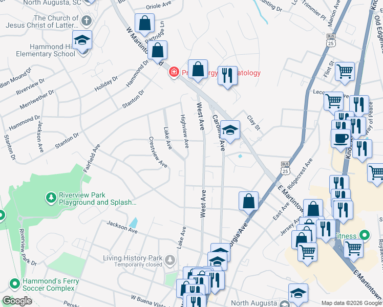 map of restaurants, bars, coffee shops, grocery stores, and more near 1115 Highview Avenue in North Augusta