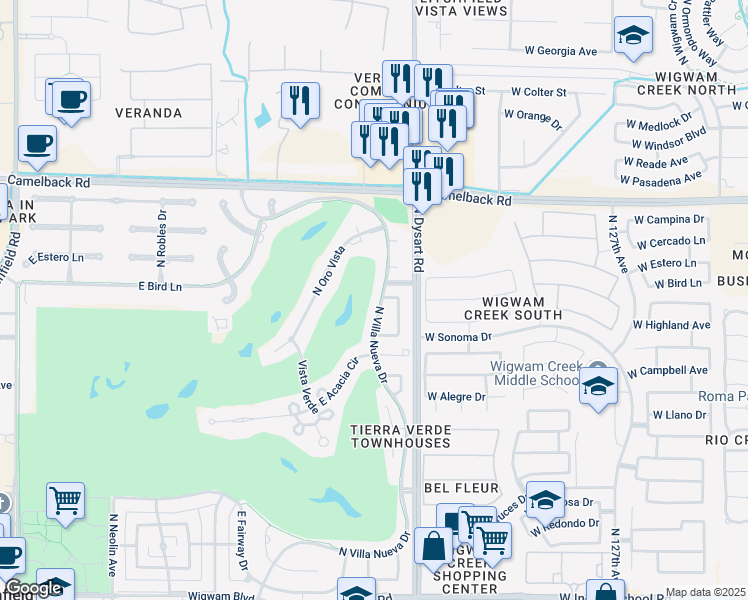 map of restaurants, bars, coffee shops, grocery stores, and more near 1136 North Villa Nueva Drive in Litchfield Park
