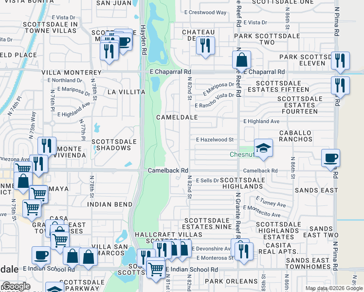 map of restaurants, bars, coffee shops, grocery stores, and more near 4607 North 82nd Street in Scottsdale