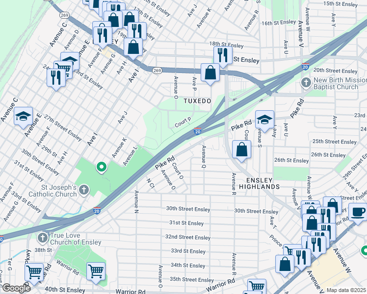 map of restaurants, bars, coffee shops, grocery stores, and more near 1524 Pike Road in Birmingham