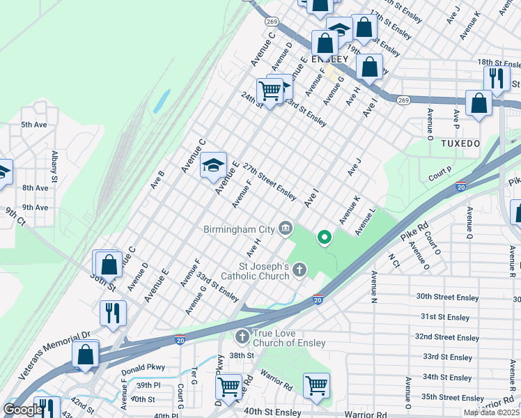 map of restaurants, bars, coffee shops, grocery stores, and more near 2807 Avenue G in Birmingham