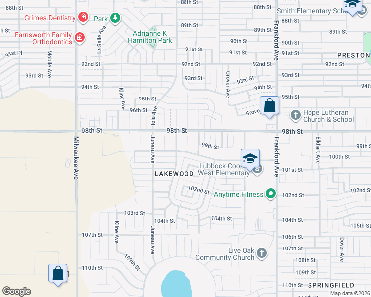 map of restaurants, bars, coffee shops, grocery stores, and more near 6022 100th Street in Lubbock