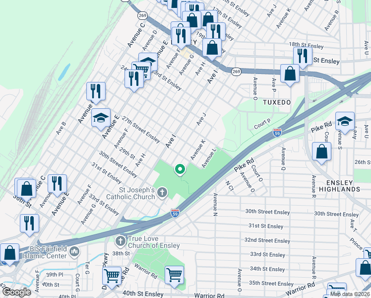 map of restaurants, bars, coffee shops, grocery stores, and more near 2609 Avenue J in Birmingham