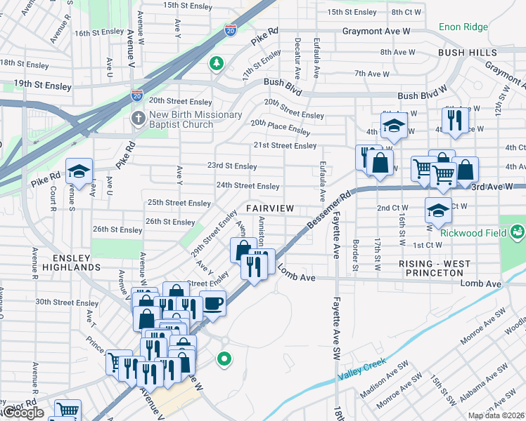 map of restaurants, bars, coffee shops, grocery stores, and more near 2623 29th Street Ensley in Birmingham