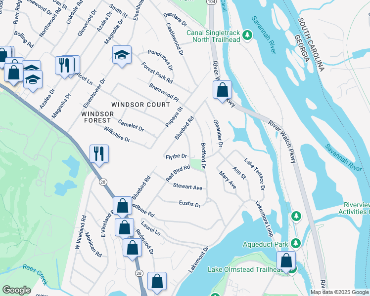map of restaurants, bars, coffee shops, grocery stores, and more near 1042 Redbird Road in Augusta