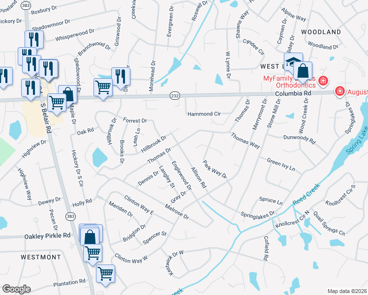 map of restaurants, bars, coffee shops, grocery stores, and more near 4134 Allison Road in Augusta