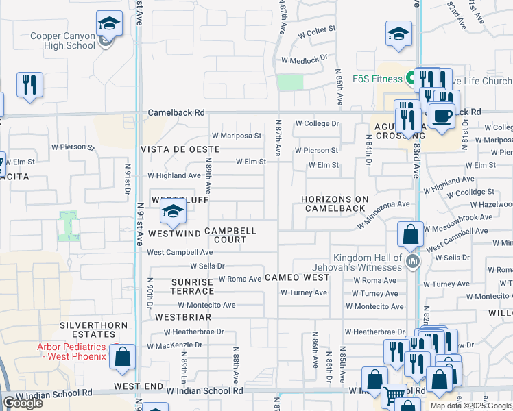 map of restaurants, bars, coffee shops, grocery stores, and more near 8741 West Hazelwood Street in Phoenix