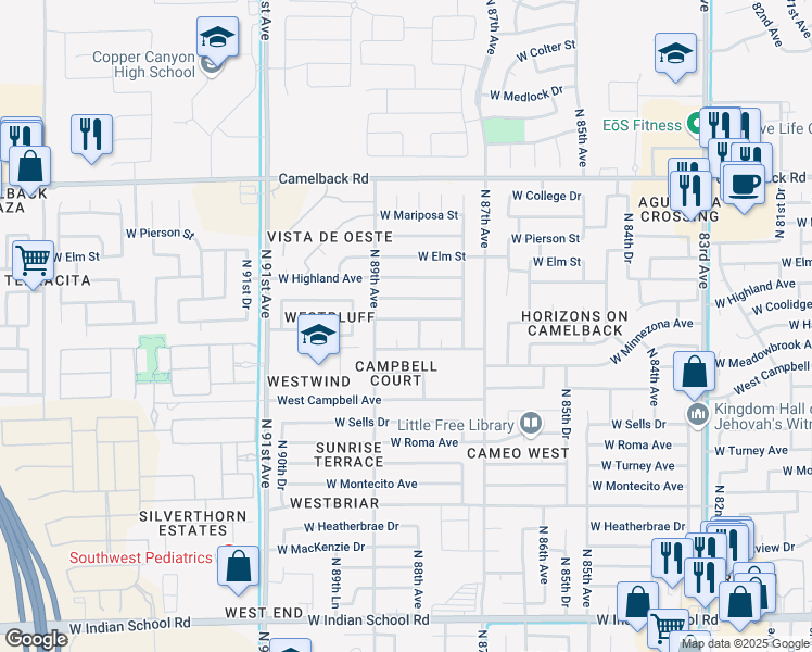 map of restaurants, bars, coffee shops, grocery stores, and more near 8813 West Hazelwood Street in Phoenix
