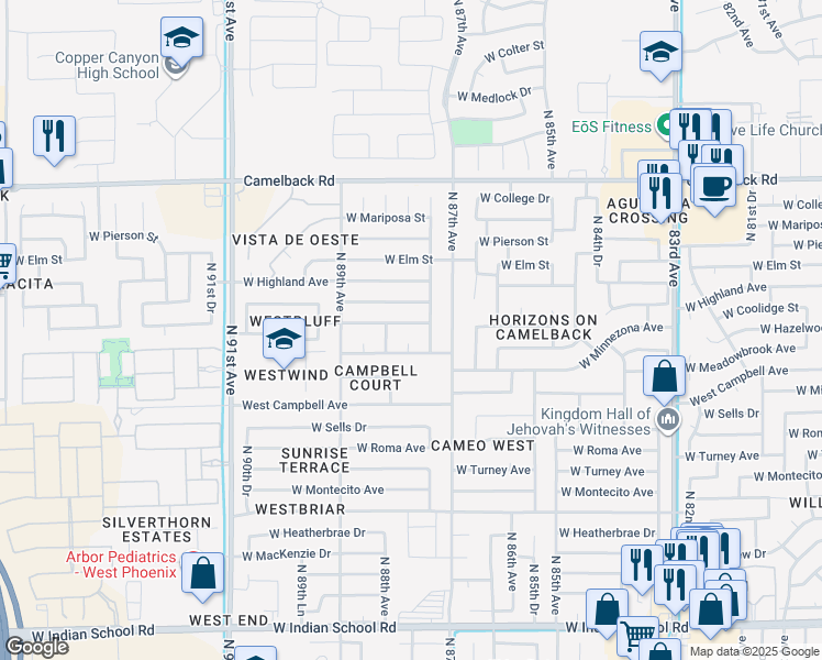 map of restaurants, bars, coffee shops, grocery stores, and more near 8741 West Hazelwood Street in Phoenix