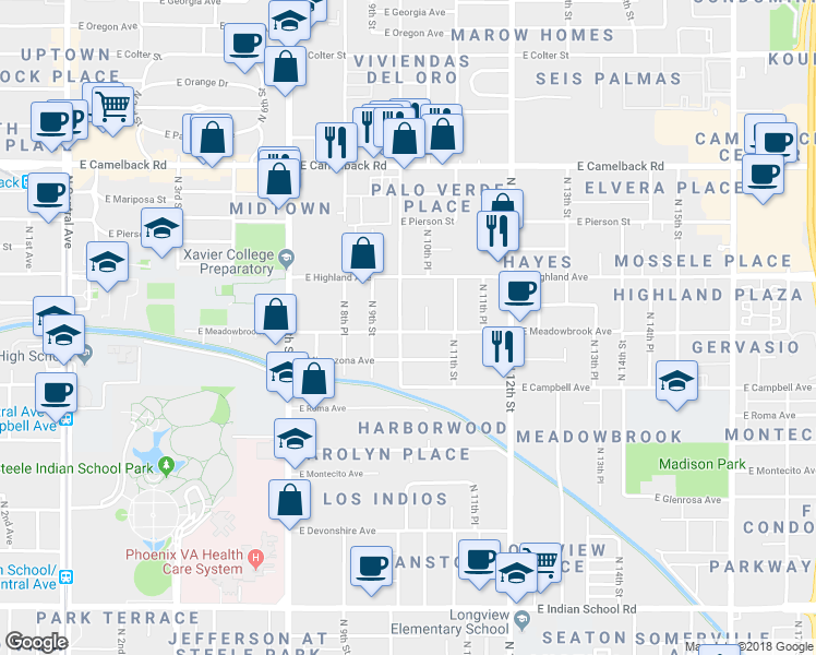 map of restaurants, bars, coffee shops, grocery stores, and more near 4601 N 10th St in Phoenix