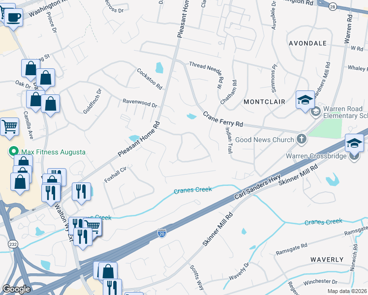 map of restaurants, bars, coffee shops, grocery stores, and more near 408 Shallowford Circle in Augusta