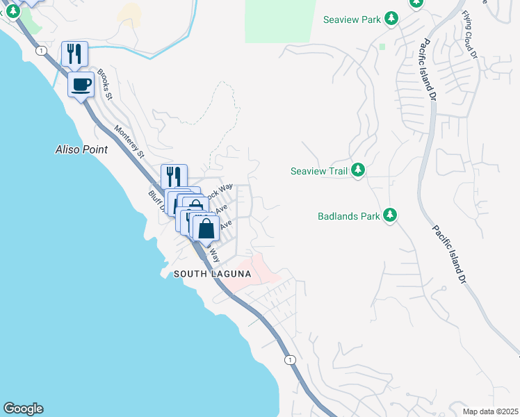 map of restaurants, bars, coffee shops, grocery stores, and more near 22332 Eagle Rock Way in Laguna Beach
