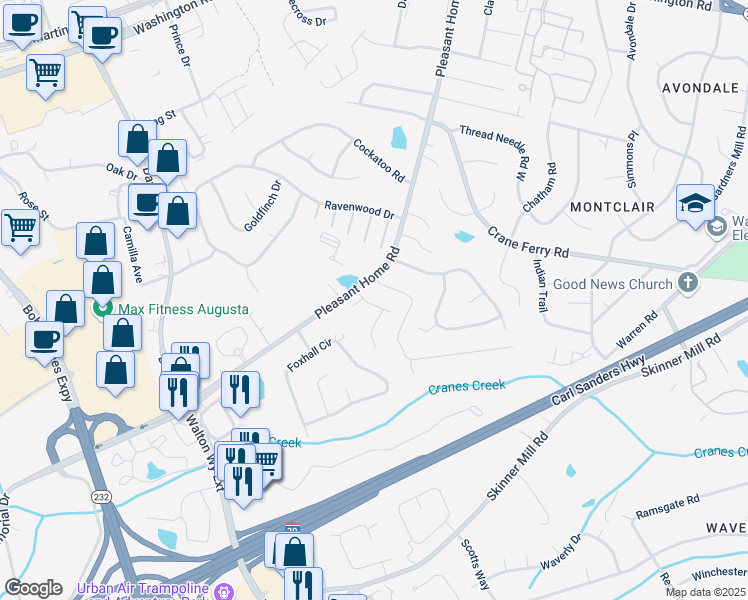 map of restaurants, bars, coffee shops, grocery stores, and more near 2317 Creekview Drive in Augusta