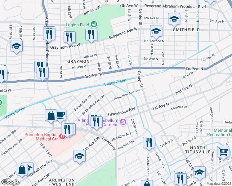 map of restaurants, bars, coffee shops, grocery stores, and more near 509 3rd Street West in Birmingham