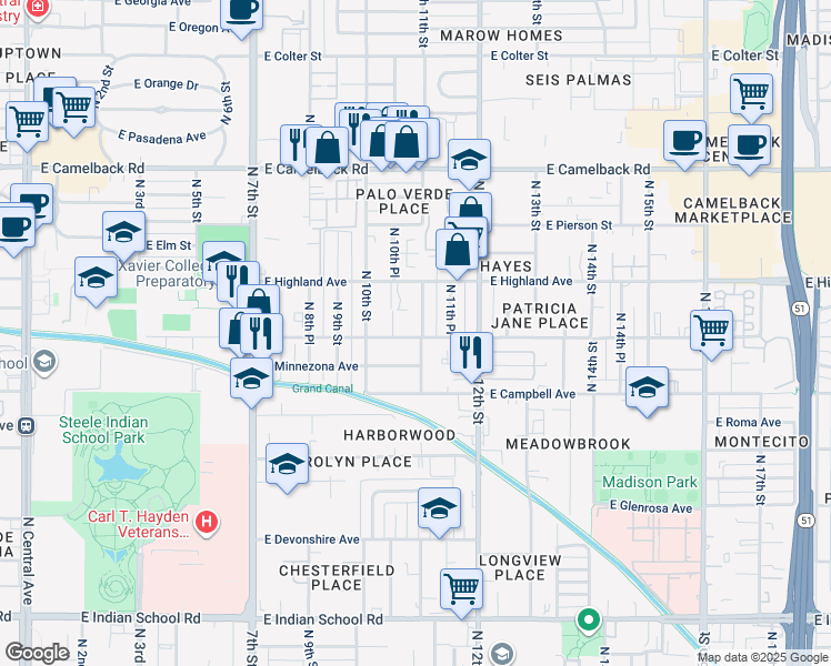 map of restaurants, bars, coffee shops, grocery stores, and more near 4602 North 11th Street in Phoenix