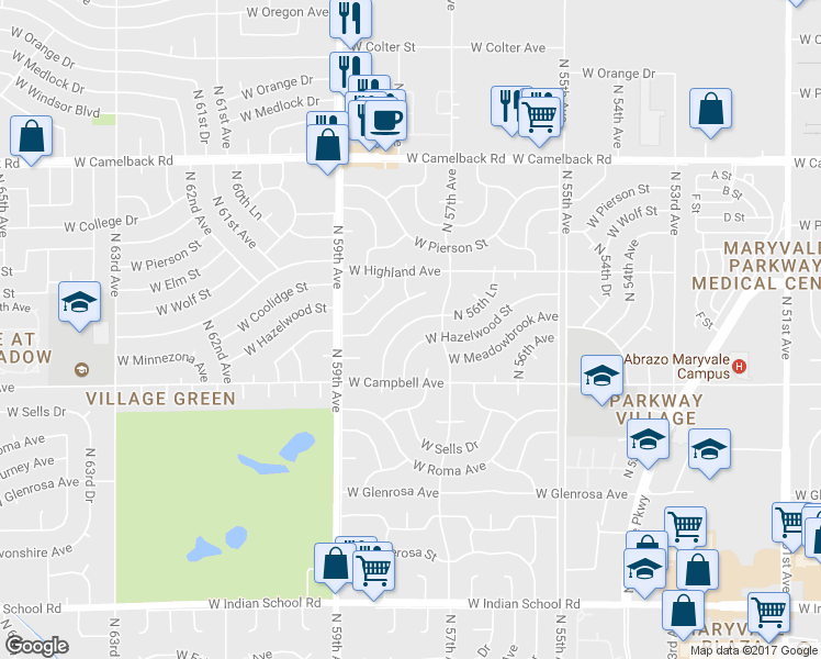 map of restaurants, bars, coffee shops, grocery stores, and more near 5725 West Rosewood Lane in Phoenix