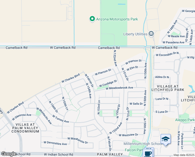 map of restaurants, bars, coffee shops, grocery stores, and more near 15370 West Elm Street in Goodyear