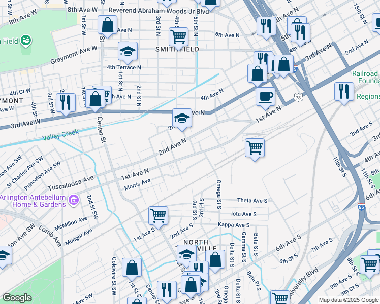 map of restaurants, bars, coffee shops, grocery stores, and more near 330 1st Avenue North in Birmingham