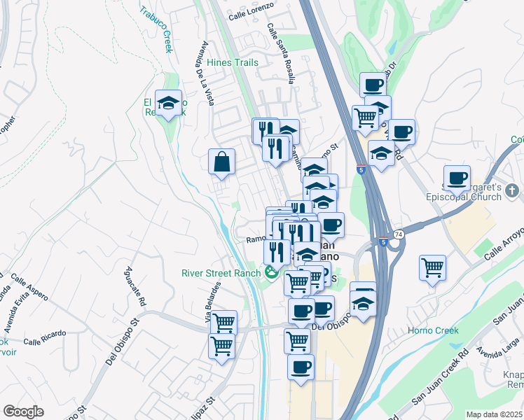 map of restaurants, bars, coffee shops, grocery stores, and more near 31584 Calle La Purisima in San Juan Capistrano
