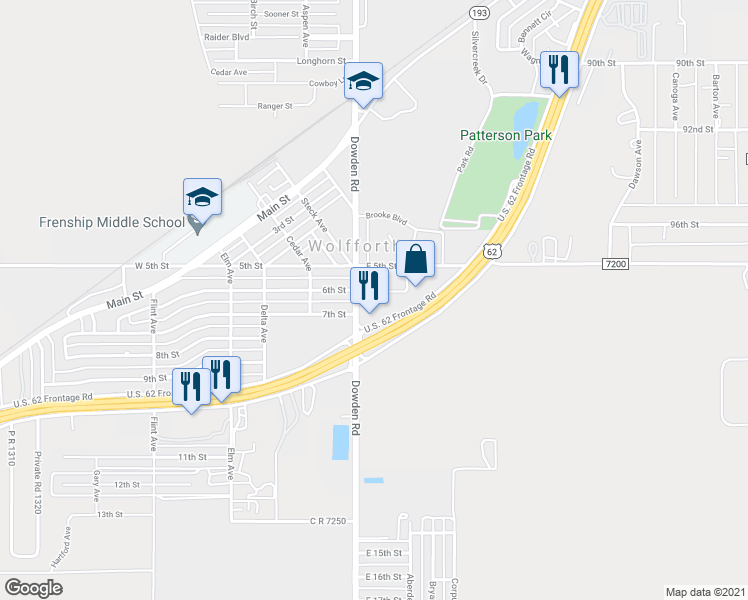 map of restaurants, bars, coffee shops, grocery stores, and more near 606 Dowden Road in Wolfforth