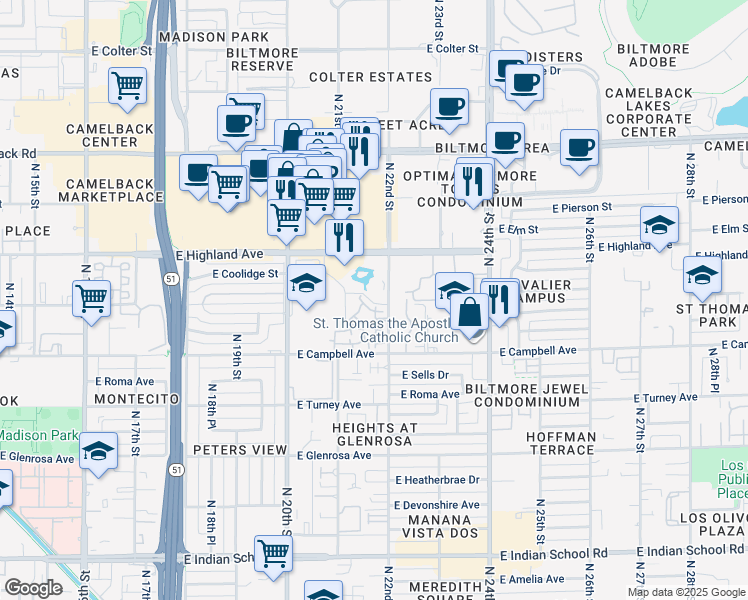 map of restaurants, bars, coffee shops, grocery stores, and more near 4650 North 22nd Street in Phoenix