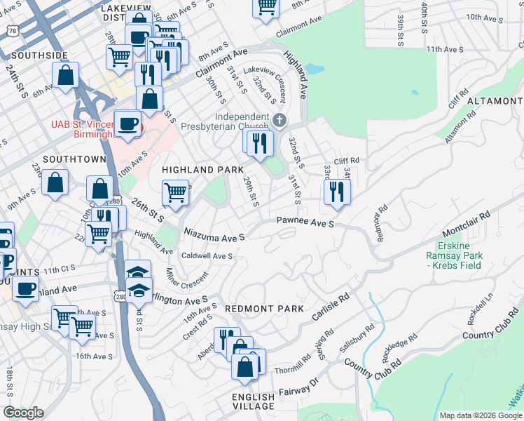 map of restaurants, bars, coffee shops, grocery stores, and more near 1301 29th Street South in Birmingham
