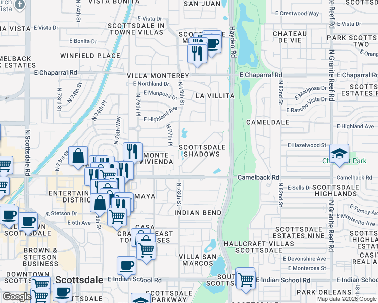 map of restaurants, bars, coffee shops, grocery stores, and more near in Scottsdale