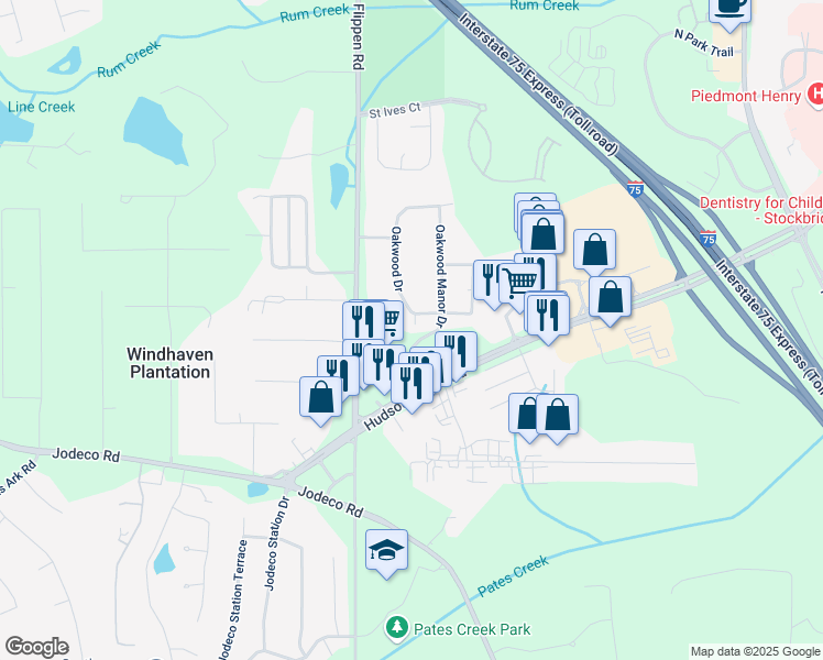 map of restaurants, bars, coffee shops, grocery stores, and more near 2068 Oakwood Drive in Stockbridge