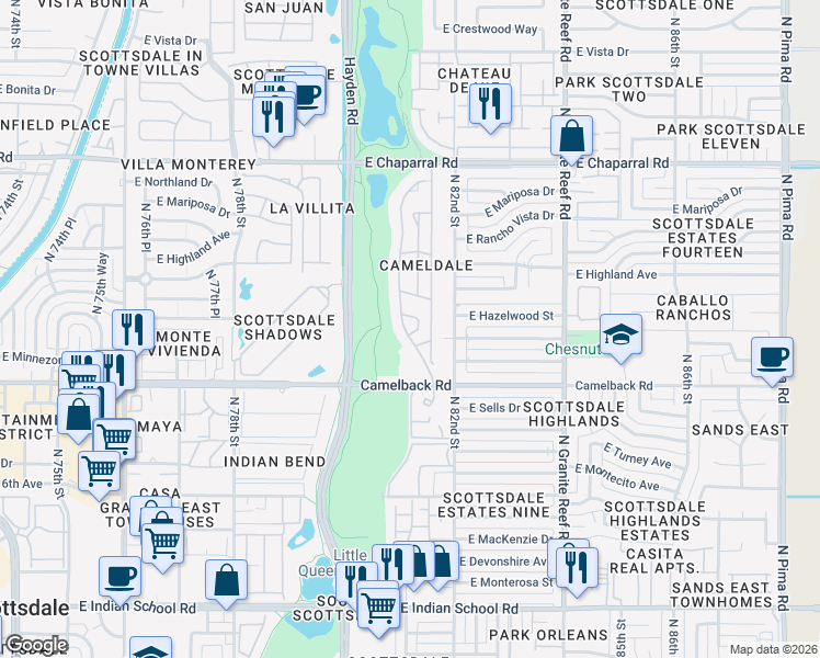 map of restaurants, bars, coffee shops, grocery stores, and more near 8100 East Camelback Road in Scottsdale