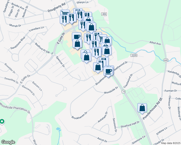 map of restaurants, bars, coffee shops, grocery stores, and more near 2545 Whiskey Road in Aiken