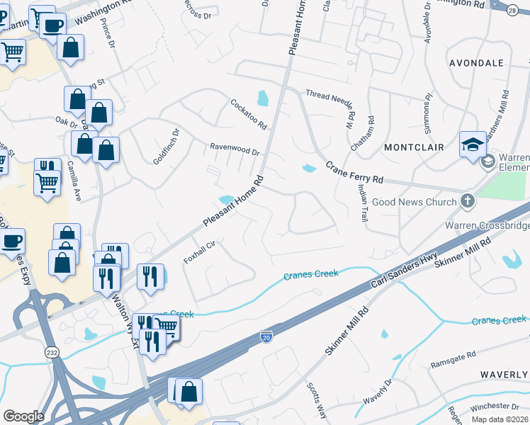 map of restaurants, bars, coffee shops, grocery stores, and more near 3309 Sugar Mill Road in Augusta