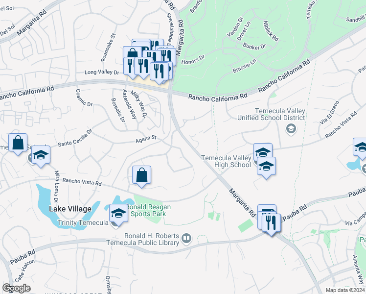 map of restaurants, bars, coffee shops, grocery stores, and more near 42812 Agena Street in Temecula