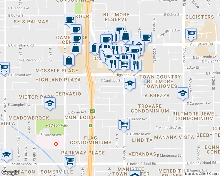 map of restaurants, bars, coffee shops, grocery stores, and more near 1901 E Hazelwood St in Phoenix