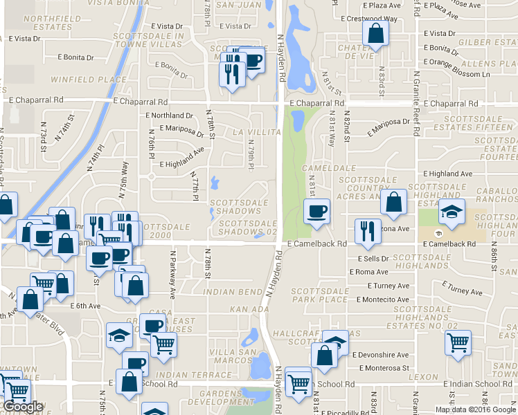 map of restaurants, bars, coffee shops, grocery stores, and more near 7930 East Camelback Road in Scottsdale