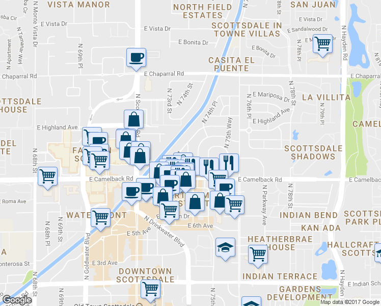 map of restaurants, bars, coffee shops, grocery stores, and more near 4608 North 74th Place in Scottsdale