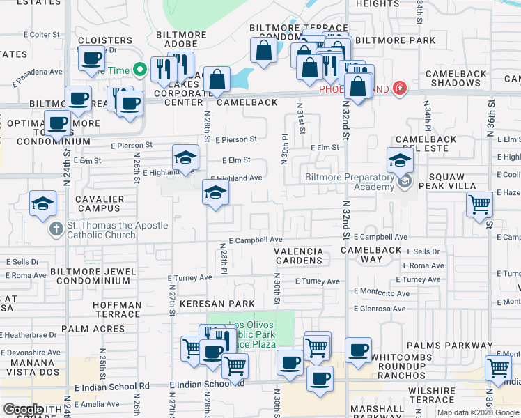 map of restaurants, bars, coffee shops, grocery stores, and more near 2918 East Minnezona Avenue in Phoenix
