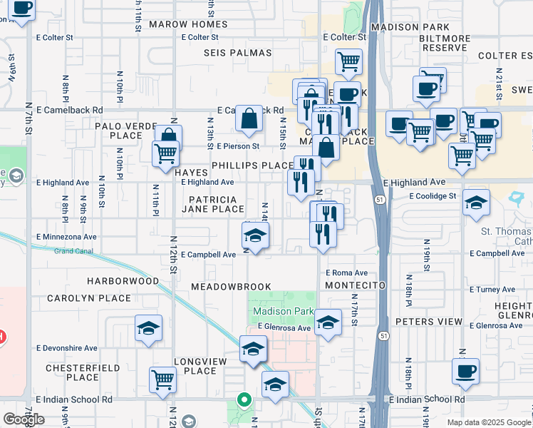 map of restaurants, bars, coffee shops, grocery stores, and more near 1446 East Meadowbrook Avenue in Phoenix