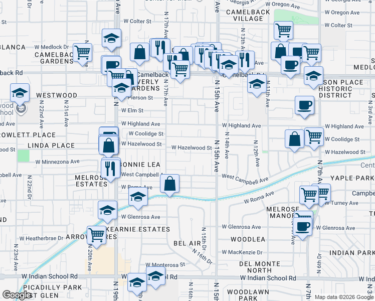 map of restaurants, bars, coffee shops, grocery stores, and more near 1565 West Hazelwood Street in Phoenix