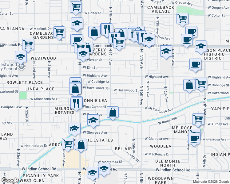 map of restaurants, bars, coffee shops, grocery stores, and more near 1653 West Hazelwood Street in Phoenix